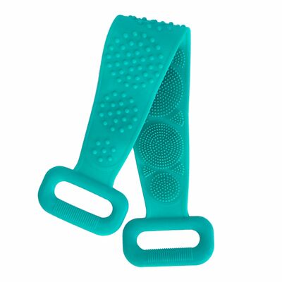 Exfoliating silicone body scrubber belt with massage dots - shower strap brush with adhesive hook-green