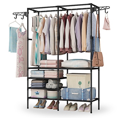 Metal Garment Rack Shoe Clothing Organizer Shelves Freestanding Multifunctional Clothes Wardrobe-Black