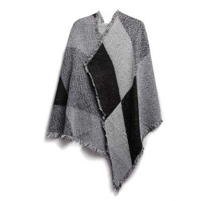 Women winter warm scarf 74.8x25.6in long soft knitted shawl extra thick plaid blanket wrap cape-gray