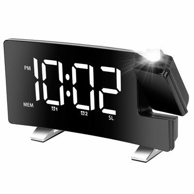 Curved-screen projection alarm clock: dual alarms, usb charging, 4 dimmer, 180? rotation-white
