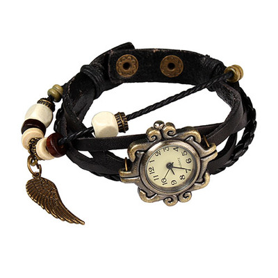 New! Beautiful Bohemian Style Retro Handmade Leather Angel Wing Women 's Watches-black-Black