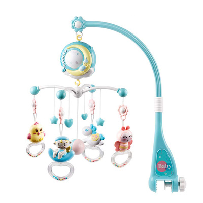 Baby musical crib bed bell rotating mobile star projection nursery light baby rattle toy w/ music box remote control-blue