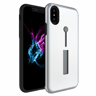 Finger strap phone case for iphone x drop-protection finger ring rugged phone case with kickstand dual layer case-silver