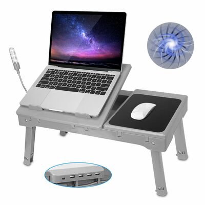 Foldable laptop table bed desk w/cooling fan mouse board led 4 usb ports snacking tray with storage for home office-gray
