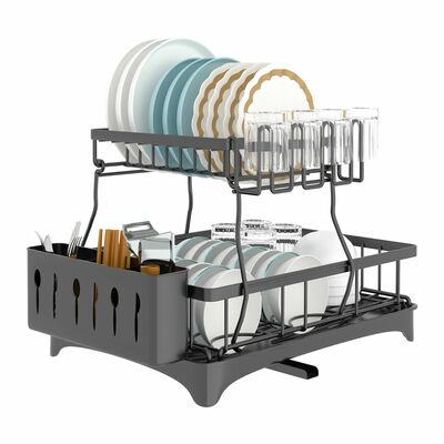 2-tier dish drying rack with detachable drainboard, utensil holder, cup rack & swivel spout - kitchen counter organizer