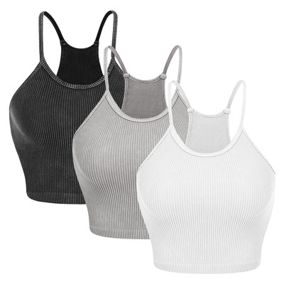 3 Pack Women Crop Basic Tank Top Ribbed Knit Sleeveless Round Neck 9 Color Machine Wash Summer Crop S to XL-Multi-Large