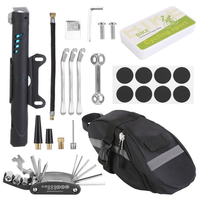 Bicycle tyre repair kit bag bike tire repair tool kit with 16-in-1 tool tire pump tire patches tyre levers air nozzles