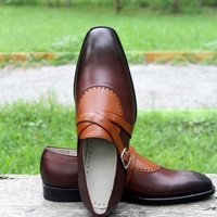 Crafted Leather Bespoke Dark Brown Patina and Tan Leather Cross Buckles Monks Strap Shoes - Thumbnail 1