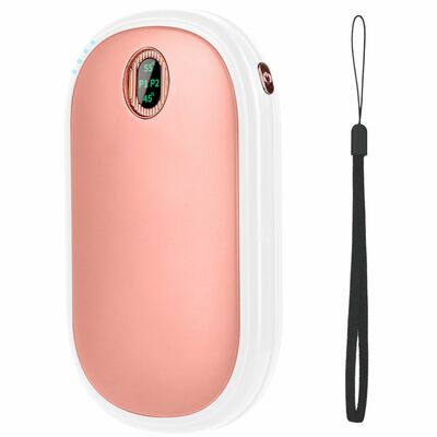 Pocket warmer power bank, rechargeable hand heater with digital display, 2 heat levels, double-sided heating.-pink
