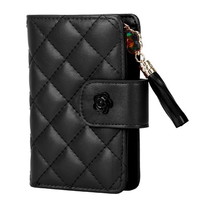 Women wallet pu leather lady clutch case credit card holder id card window coin purse w/ tassel for girls-black