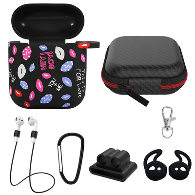 Silicone case for apple airpod 1 2 airpods protective cover skin w/strap ear hooks watch band holder-black lip
