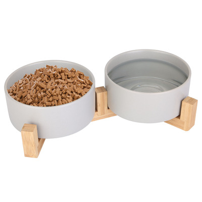 Double 28.7oz ceramic pet bowls dog cat bowls with wooden stand raised pet feeder for small dogs cats