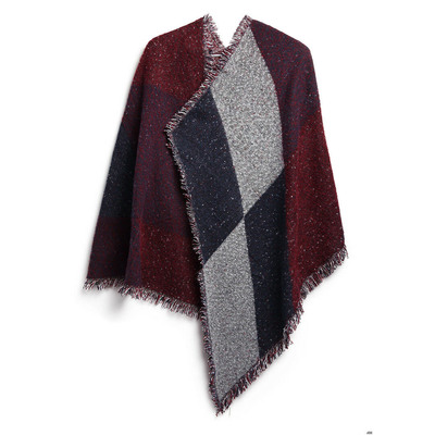 Women winter warm scarf 74.8x25.6in long soft knitted shawl extra thick plaid blanket wrap cape-red