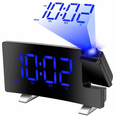 Curved-screen projection alarm clock: dual alarms, usb charging, 4 dimmer, 180? rotation-blue