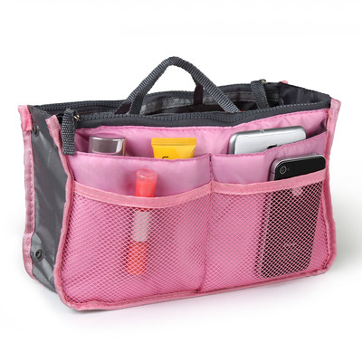 Women lady travel insert handbag organiser makeup bags toiletry purse liner w/hand strap-pink