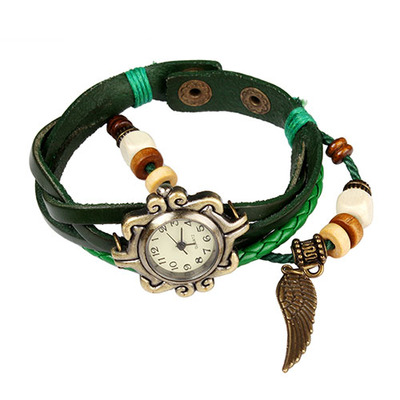 New! beautiful bohemian style retro handmade leather angel wing women 's watches-green-green