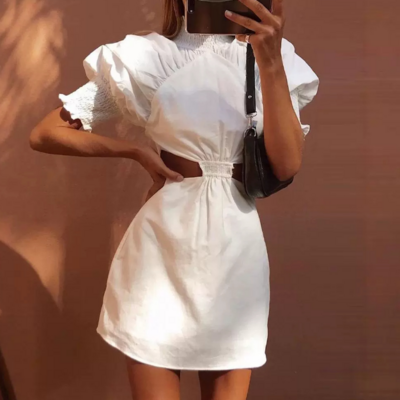 White Bubble Sleeve Backless Dress