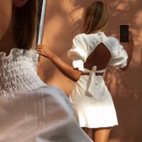 White Bubble Sleeve Backless Dress - Thumbnail 1