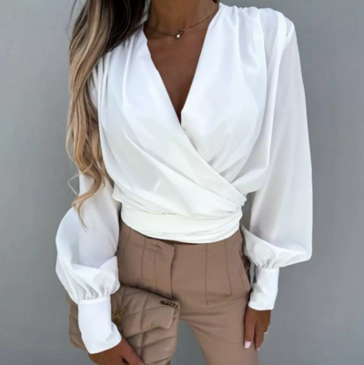 Solid Color White V-Neck Long Sleeved Top