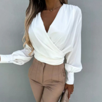 Solid Color White V-Neck Long Sleeved Top - Thumbnail 1