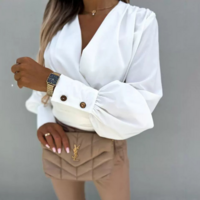 Solid Color White V-Neck Long Sleeved Top - Thumbnail 2
