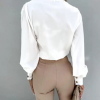 Solid Color White V-Neck Long Sleeved Top - Thumbnail 3