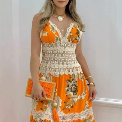 V-neck lace patchwork printed dress - Thumbnail 2