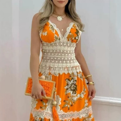 V-Neck Lace Patchwork Printed Dress