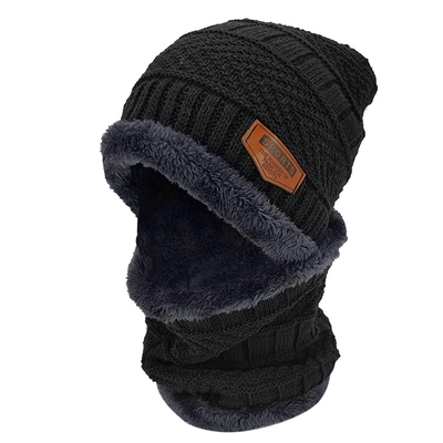 Winter beanie hat scarf set unisex warm knitting skull cap neck warmer for walking running hiking camping outdoors gift-black