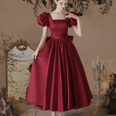 Burgundy satin short sleeve tea length prom dress - Thumbnail 1