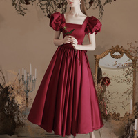 Burgundy Satin Short Sleeve Tea Length Prom Dress - Thumbnail 1