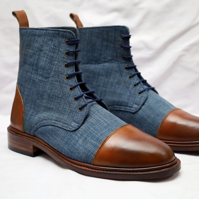 Crafted leather men's dress shoes blue fabric / brown calf-skin leather ankle high boot - Thumbnail 4