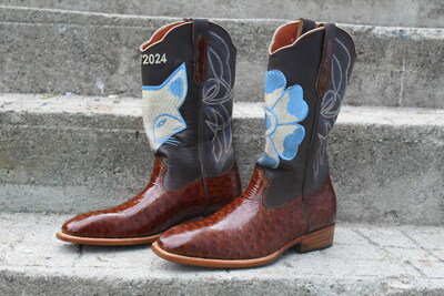  Crafted Leather Classic Men's Brown Ostrich Leather Cowboy Boots