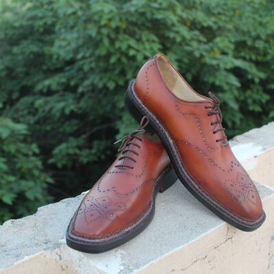 Crafted leather double norwegian brown oxford hand welted leather sole dress shoes - Thumbnail 4