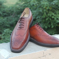 Crafted Leather Double Norwegian Brown Oxford Hand Welted Leather Sole Dress Shoes - Thumbnail 1