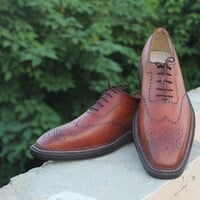 Crafted Leather Double Norwegian Brown Oxford Hand Welted Leather Sole Dress Shoes - Thumbnail 3
