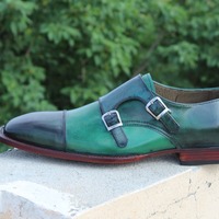 Crafted Leather Classic Handmade Green Double Monk Strap Shoes - Thumbnail 2