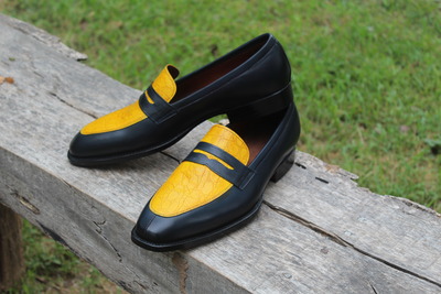 Crafted Leather Made to Order Blue Leather Yellow Crocodile Formal Loafers Moccasin Dress Shoes
