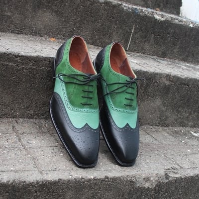 Crafted leather green suede black leather formal lace up dress shoes - Thumbnail 5