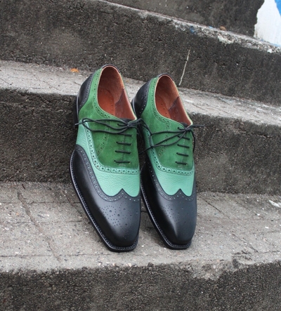 Crafted Leather Green Suede Black Leather Formal Lace up Dress Shoes