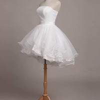 White Strapless Tulle Lace Short Prom Party Dress - Thumbnail 1