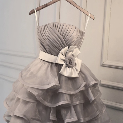 Gray tiered tulle knee length prom party dress - Thumbnail 2