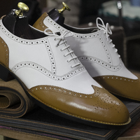 Handmade Men's wings toe white and Brown Leather Brogue Toe Shoes,Lace Up Cap Toe Shoes - Thumbnail 2