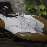 Handmade Men's wings toe white and Brown Leather Brogue Toe Shoes,Lace Up Cap Toe Shoes - Thumbnail 3