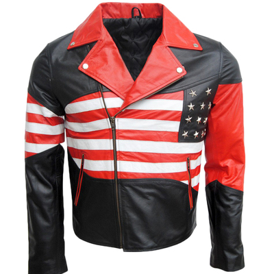 Motorcycle leather jacket, america logo red lapel style, studs zippers jacket.