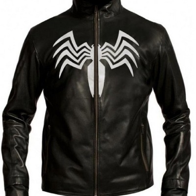 Mens leather jacket amazing spider-man venom style white logo black faux