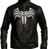 Mens Leather Jacket Amazing Spider-Man Venom Style White Logo Black Faux - Thumbnail 4