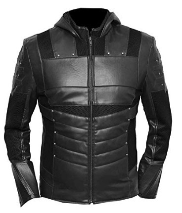 Mens Leather Jacket Arrow Oliver Green Hoodie Black