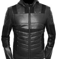 Mens Leather Jacket Arrow Oliver Green Hoodie Black - Thumbnail 1