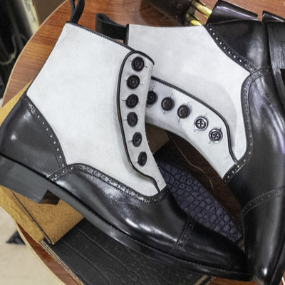 Handmade men's cap tone leather and suede boot,ankle high white and black button boot,